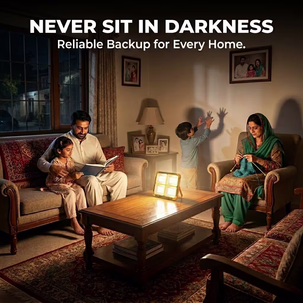 Family sitting during the load shedding hours and using solar charging light for power