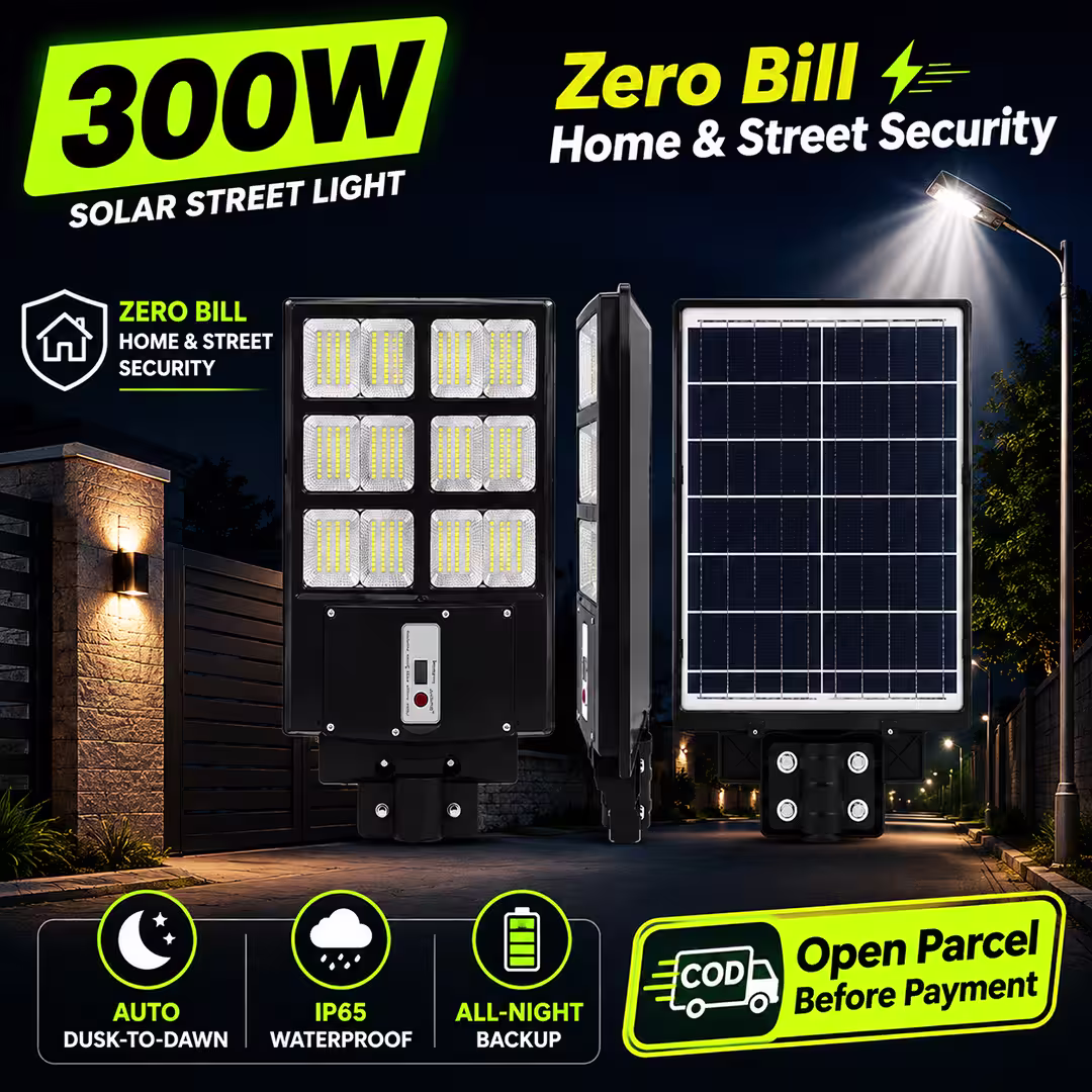 300W Solar Street Light Waterproof Outdoor Light Auto Sensor Full Night Backup with Remote in Pakistan