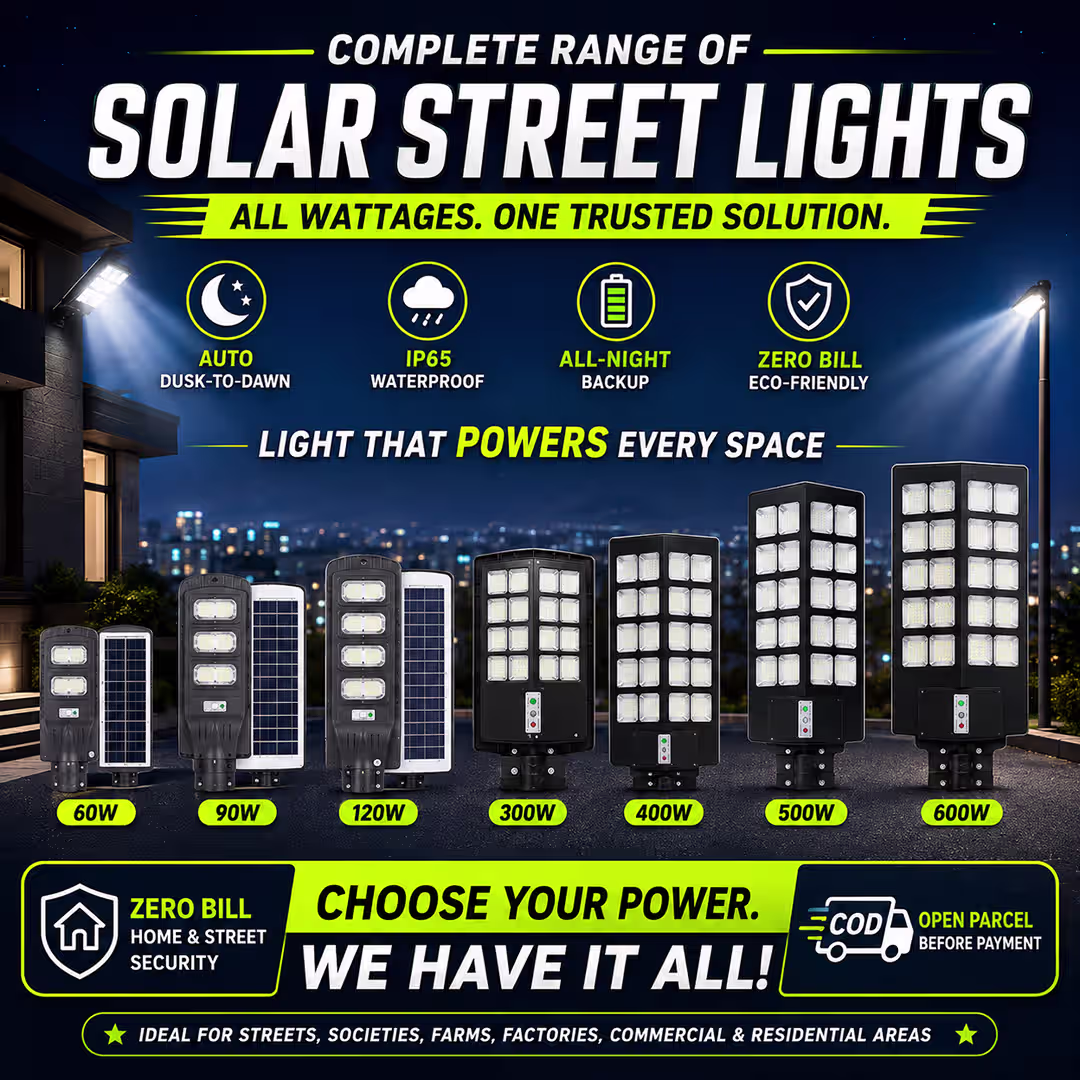 60W 90W 120W 200W 300W 400W 500W and 600W solar street light benefit poster VIPSolar Pakistan