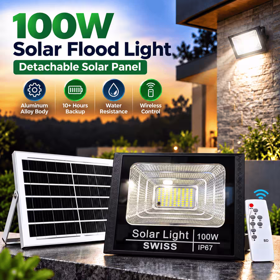 100W Solar Flood Light with Detachable Solar Panel & Remote Control VIP Solar Pakistan
