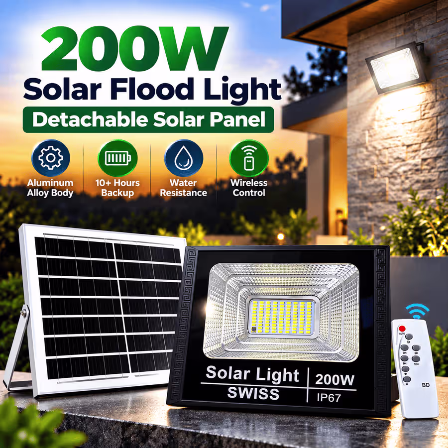 200W Solar Flood Light with Detachable Solar Panel & Remote Control - VIP Solar Pakistan