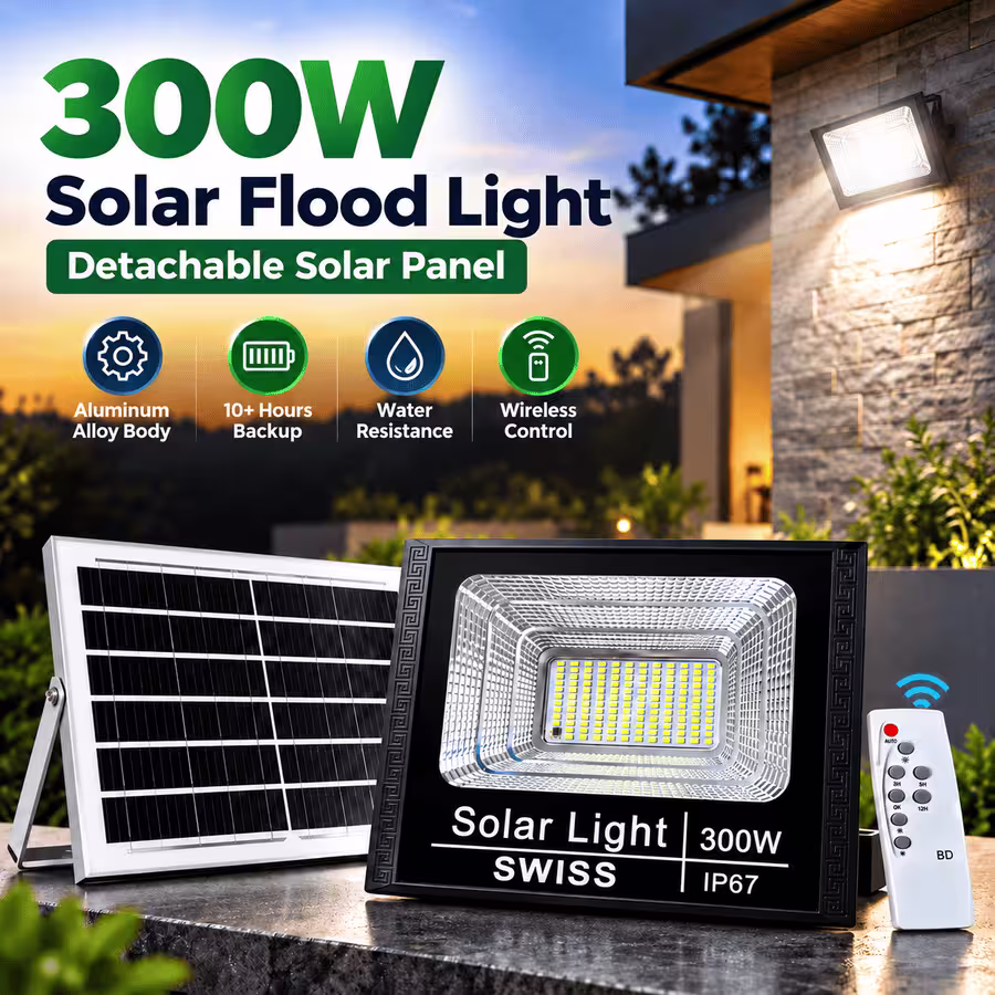 300W Solar Flood Light with Detachable Solar Panel & Remote Control – IP67 Outdoor Light VIP Solar Pakistan