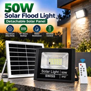 50W Solar Flood Light with Detachable Solar Panel & Remote Control – IP67 Outdoor Light VIP Solar Pakistan