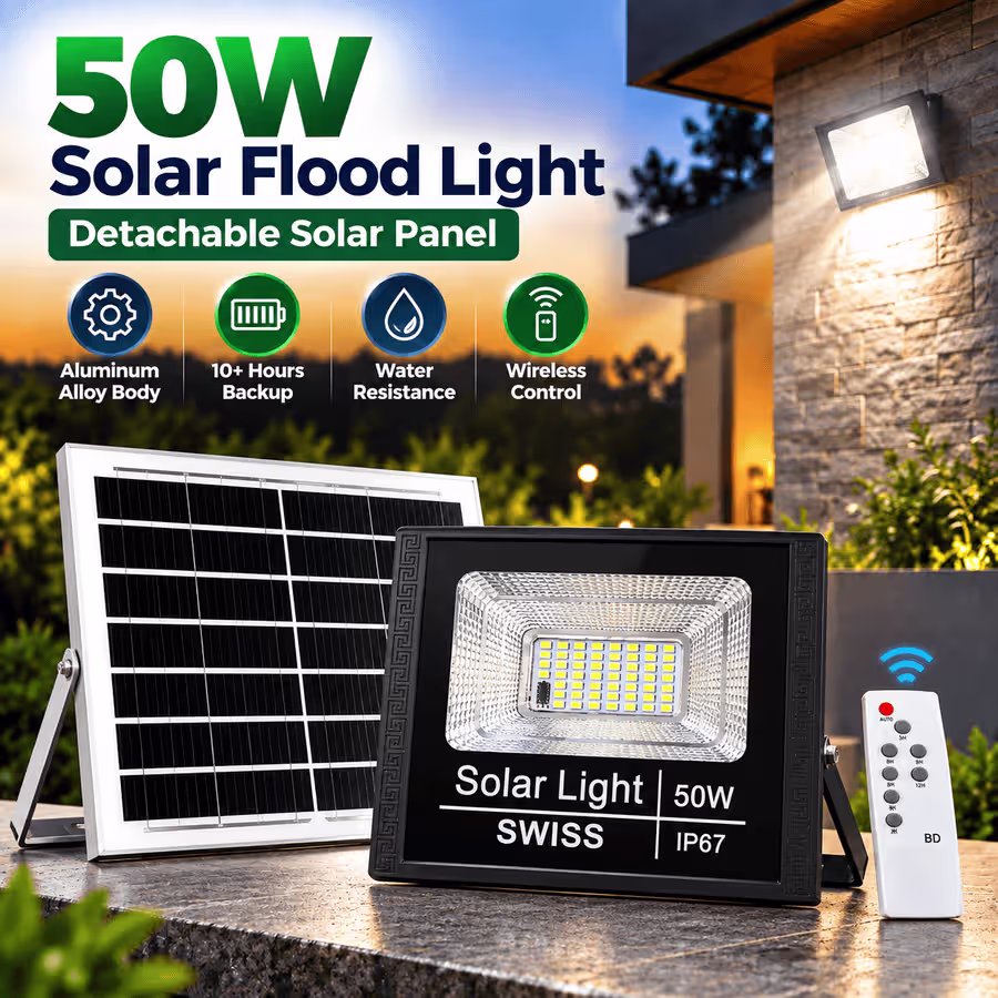 50W Solar Flood Light with Detachable Solar Panel & Remote Control – IP67 Outdoor Light VIP Solar Pakistan
